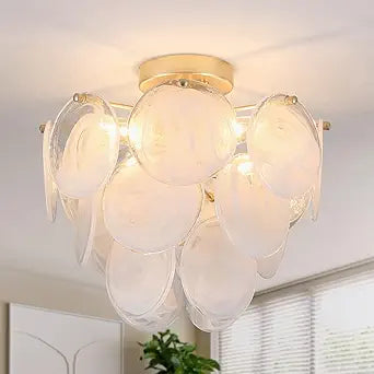Flush Mount Ceiling Light Chandelier, Gold Glass Mid Century Modern Chandelier Foyer Light Fixtures Ceiling Mount 4 Light with Unique White Round Glass Sheet for Living room Bedroom Entryway Kitchen