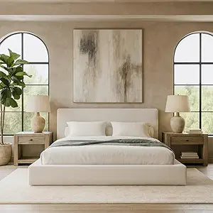 Square Bed Washable Cover - Soft Upholstered Linen - Minimalist Modern - Sold Separately (White Linen, King Base)
