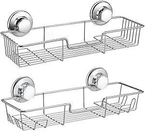 iPEGTOP Strong Suction Cup Shower Caddy Bath Shelf Storage with 4 Side Hooks, Combo Organizer Basket for Shampoo, Conditioner, Soap, Razor Bathroom Accessories, Chrome, 2 Count