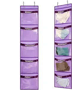 2 Pcs Day of Week Clothing Organizer Monday to Friday School Clothes Organizer for Kids Weekly Hanging Closet Organizer (Purple)