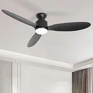 52 Inch Black Ceiling Fan with Lights, 3 ABS Black Blade Flush Mount Low Profile for Bedroom, 6 Speed Reversible Motor 3CCT Dimmable, Modern Indoor Outdoor with Remote Control