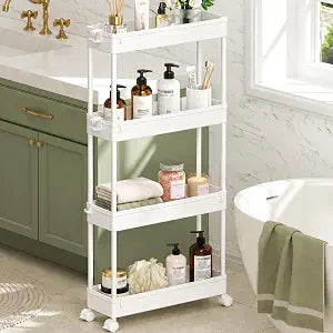 SPACEKEEPER Slim Rolling Storage Cart, 4 Tier Bathroom Cart Organizer,White