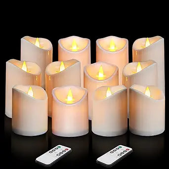 Flameless Candles 4" 5" 6" Outdoor Indoor Pillars Battery Operated Flickering Candles Include 10-Key Remote Timer 400+ Hours by 2 AA Batteries (White Candle - Warm light, 3"D x 4"|5"|6" H - 12 Pack)