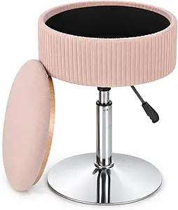 Adjustable Storage Vanity Stool with Flip-Over Wood Tray, 360 Swivel Vanity Chair with Storage, Small Round Makeup Stool for Vanity, Pink Velvet