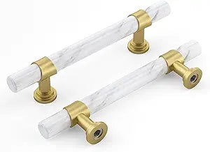 Rergy Cabinet Handles Marble Drawer Pulls and Knobs, 10Pack White Marble & Matte Gold 4inch Hole Center, T-Bar Hardware for Kitchen Dresser Zinc Alloy Furniture