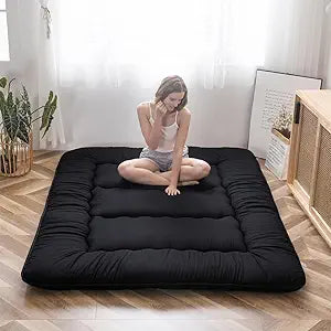 MAXYOYO Japanese Floor Mattress Futon Mattress, 4" Thicken Tatami Mat Sleeping Pad Foldable Roll Up Mat Boys Girls Dormitory Pad Kids Floor Lounger, Black, Twin Size