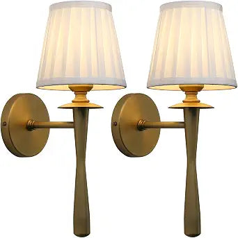 Phansthy Wall Sconces Set of 2, Hardwired Column Stand Sconces Wall Lighting, Brass Wall Lamps with Fabric Shade Modern Wall Mount Light for Bedroom Living Room Kitchen Hallway (Antique Gold, Beige)