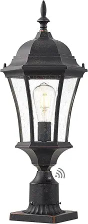 24in Outdoor Post Lights with Dusk to Dawn Sensor Aluminum Large Exterior Post Pier Mount Lantern Antique Bronze Pathway Post Lamp Garden Pole Lantern with Seeded Glass for Yard Garage