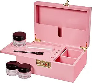 Bamboo Storage Box with Combination Lock - Large Lockable Decorative Box, Detachable Tray, Glass Jars and Accessories - Home Storage Gift Set (Pink)