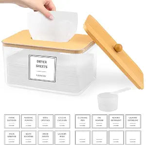 Dryer Sheet Holder, Clear Dryer Sheet Dispenser with Bamboo Lid