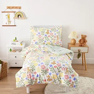 Wake In Cloud - Floral Toddler Bedding Set for Girls, Cute Colorful Botanical Flowers with Deers, 4 Pieces Soft Crib Bed Set Including Comforter, Sheets and Pillowcase, Green Cream
