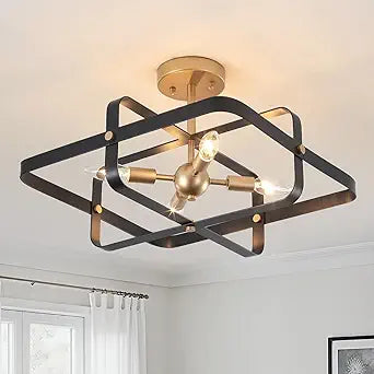 Semi-Flush Mount Ceiling Light, 17'' Black and Gold Ceiling Light Fixture, 4-Light Modern Chandelier Metal Industrial Geometric Ceiling Lamp for Kitchen Bedroom Hallway Entryway Foyer Closet