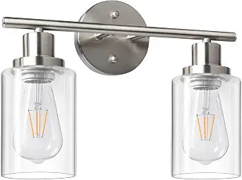 Unicozin 2 Light Vanity Lights, Brushed Nickel Wall Sconce Light with Clear Glass, Bathroom Light Fixtures, Wall Lights for Mirror, Living Room, Bedroom, Hallway, E26 Base (Bulbs Not Included)