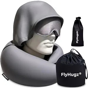 FlyHugz Ultimate Travel Comfort Set Hooded Memory Foam Neck Pillow + 3D Contoured Sleep Mask | Adjustable Hood, Washable Cover & 100% Light-Blocking Eye Mask | First-Class Rest for Flights & Home