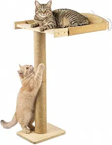 Cat Window Perch with Tall Scratching Post, Solid Wood Window Perch for Cats with Heavy Duty Suction Cups, Indoor Cat Tree for Sleeping, Playing, Sunbathing