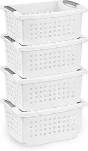 Sterilite 4 Pack Medium Stacking Basket, Open Top Storage Bin with Handles, White - Ideal for Home Closets, Kitchens, or Office Organization