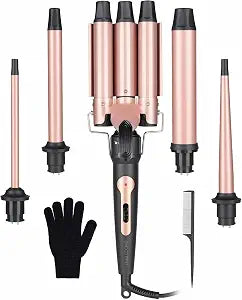 Wand Curling Iron Hair Crimper Tool, Emocci Pro Large 3 Barrels (0.35" - 1.25" Ceramic Barrel) Hair Wand Curler for Women Beach Waves Instant Heat Multi-Size Hair Waver 5-in-1 Curling Wand Set