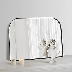 Black Wall Mirror 30" x 20", Modern Mantel Minimalist Home Decor, Brushed Black Metal Framed Arched Mirror for Living Room, Bedroom, Fireplace, Mantle, Entryway, Bathroom