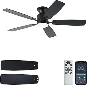 KNUN Ceiling Fans with Lights,52 Inch Flush Mount Ceiling Fan with Light and Remote/APP Control,3CCT Dimmable, DC Motor, Low Profile Ceiling Fan for Living Room, Bedroom, Indoor/Outdoor Use(Black)