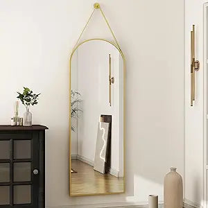 HARRITPURE 16"x48"Arched Mirror with Hanging Leather Strap Full Length Mirror Aluminum Frame Wall-Mounted Arch Hanging Mirrors for Bathroom Vanity Living Room Bedroom Entryway, Gold