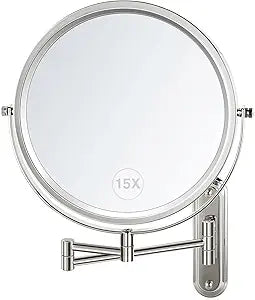 Wall Mounted Makeup Mirror - 8.5in Double Sided Makeup Mirror with Extended Arm,1X/15X Magnifying Mirror for Makeup or Shaving - Chrome, No Lights