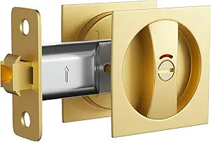 Lethato Pocket Door Hardware Gold, Pocket Door Lock with Indicators, Pocket Door Latch, Gold Contemporary Pocket Door with Privacy Lock(1 Pack, Square)