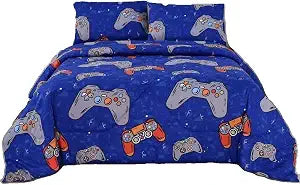 SDIII 3PCS Blue Gaming Comforter Set Twin, Soft Microfiber Lightweight Gamer Comforter Sets for Boys Girls Kids Teens, Video Game Bedding Quilt Twin