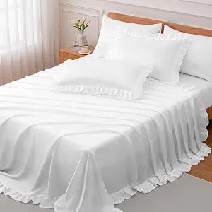 4 Pieces Ruffle Satin Sheets King Size, White