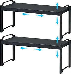 X-cosrack 25.5 Inches 2 Pack Expandable Cabinet Shelves, Stackable Shelf Organizer for Kitchen Cabinet Countertop Storage, Adjustable Counter Cupboard Pantry Organizer Shelf Rack Stand Riser, Black