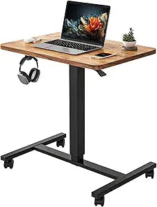 YIHAYO Mobile Small Standing Desk, 24 x 16 Inches Adjustable Height Portable Rolling Laptop Desk with Lockable Wheels, Computer Workstation for Home Office with Hook, Rustic Brown