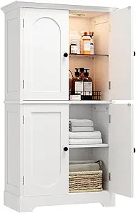 HAIOOU Bathroom Floor Cabinet with Motion Sensor Light, Modern Bathroom Storage Cabinet with Adjustable Glass Shelf, 4 Doors, Ample Storage for Hallway, Laundry Room, Living Room - White