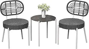 GarveeLife 3 Piece Wicker Patio Bistro Furniture Set, Outdoor Dining Chairs, Includes 2 Rattan Chairs and Tempered Glass Table, for Garden, Backyard, Balcony, Apartment, White & Grey
