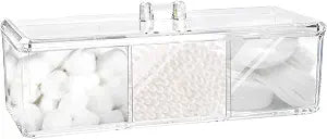 Square Qtip Holder Dispenser, 3 Compartments Cotton Ball Holder with Lid