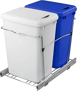 Rev-A-Shelf Double 35 Qt Pullout Trash Can for Base Kitchen Cabinets, Garbage Waste & Recycling Bin System with Lids & Full Extension Slides, Min Opening Width of 14.5", Blue/White, RV-18KD-11RC-S