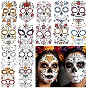Yazhiji 16 Sheets Day of the Dead Face Tattoos ��������� Mexican Sugar Skull Temporary Face Stickers for Halloween, Dia de los Muertos Makeup Kit, Costume Accessories f