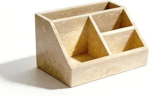 Travertine Desk Organizer, 4-Compartment Natural Stone Makeup Organizer and Pen Holder, Countertop Storage Box for Vanity, Office Supplies and Bathroom Essentials, Beige