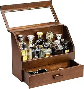 Miratino Cologne Organizer for Men - Dustproof Stand with Drawer, Wood Perfume Stand Organizer for Dresser, Large Capacity Cologne Holder Display, Great Gift for Men