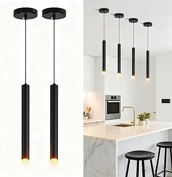 2 Pack Black Pendant Lights, Modern 3W LED Pendant Light Fixtures for Kitchen Island, Long Tube Hanging Light Cord Adjustable for Dining Table Bedroom Bar Hallway (11.8 Inch, 3000K)