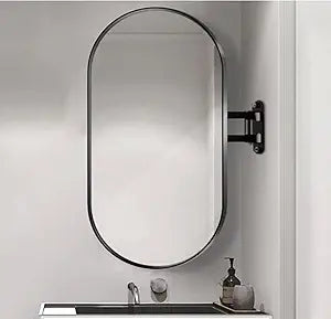 Oval Wall Mirror with Swinging Arm, Black Metal Frame, Modern Design, Bathroom Vanity Mirror, Adjustable 360 Rotation (Black Frame, 28" L*16" W)