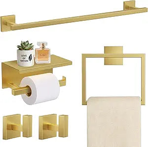 TURS Brushed Gold 5 Pieces Bathroom Hardware Set, SUS304 Stainless Steel 23.6 Inch Bath Towel Bar Set, Square Bathroom Accessories Kit Wall Mounted