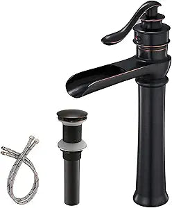 BWE Vessel Sink Faucet Waterfall Singe Hole Oil Rubbed Bronze Black Bathroom Sink Faucet Handle with Pop Up Drain Assembly Stopper Without Overflow Supply Line Lavatory Tall Rustic Bath Basin Vanity