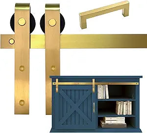 Rio Salto Mini Barn Door Hardware Kit 6FT Gold Double Cabinet Sliding Barn72 Track Set Small Hardware Set TV Stands Wardrobe Track Kit NO Cabinet (Gold, 6FT Track Kit (Single Door)