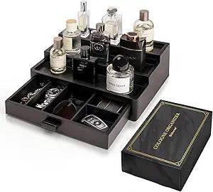 Cologne Organizer for Men, 3 Tier Wooden Cologne Stand with Drawer Storage and Hidden Compartment, Perfume Display Holder for Dresser, Great Gifts for Him Dad Fathers Day, Black