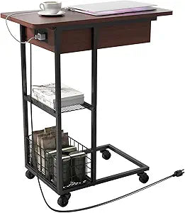 LIDYUK C Shaped End Table with Charging Station, Flip Top Side Table with USB Ports and Outlets, C Table Sofa Table with Storage Shelf for Living Room, Bedroom, Dark Cherry