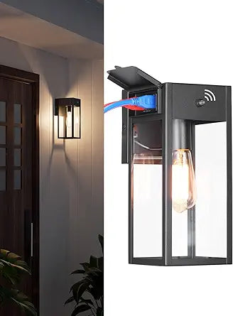 LEONLITE Dusk to Dawn Outdoor Wall Light with Dual GFCI Outlets, 12 Inch Hardwired Exterior Wall Sconce Porch Light, E26 Base Max 60W, Outdoor Wall Lantern for House Front Door Garage Patio