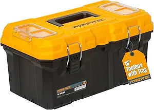 POWERTEC 16-Inch Tool Box with Trays - Lockable, Metal Latch, Organizer, Portable Storage for Tools, Small or Mid-Sized Parts (72119)