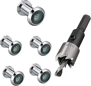 TOGU 5PCS of 220-degree Solid Brass Peep Holes for Door with 16mm Drill Bit, 0.63 inch Door Peephole with Privacy, Compatible with Door Thick from 1-3/8" to 2-1/6", Polished Chrome Finish