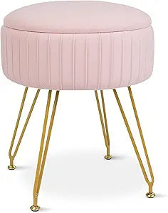 Round Vanity Stool with Storage Ottoman,Vanity Chair for Makeup Room with Removable Cover, Small Footrest Ottoman for Home, Living Room, Bedroom (Pink)