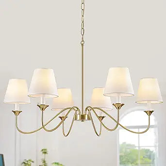 6 Lights Modern Brass Gold Chandeliers for Dining Room, Farmhouse Chandelier 35.8" Hanging Light Fixture, Adjustable Pendant Lights with White Fabric Shade for Kitchen Living Room Bedroom