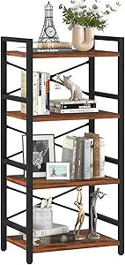 Yoobure 4 Tier Bookshelf - Small Book Shelf Industrial Bookcase, Narrow Book Case Book Storage Organizer for CD/Movie/Book, Bookshelves for Bedroom Office Living Room Berry Brown